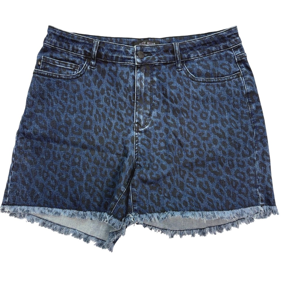 Judy Blue Denim Shorts Women 1XL Blue Leopard Print Raw Hem Stretch Animal Print